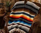 Vintage Mexican Baja Serape Poncho Wool Blend Southwestern Boho Ranch Fringe