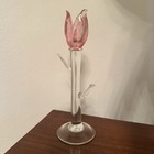 Vintage Blown Art Glass Candlestick Holder Tulip Flower Pink Clear