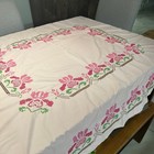 Vintage Cross Stitch Tablecloth   Pink Floral Border Pink Fabric 63x56  Handmade