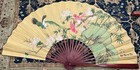 Vintage Large Chinese Paper Linen Wall Folding Fan Hand Painted Birds And Landsc