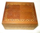 Vintage Wood Wooden Inlaid Geometric Shape Footed Jewelry Trinket Box Hinged Lid