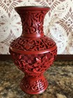 Vintage Chinese Red Craved Floral Cinnabar Lacquered Vase Brass W Blue Enamel 5   