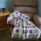 Handmade Crochet Afghan Throw Blanket 44x56 Purple Pink Puff Stitch Fringe Boho