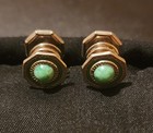 Vintage Snap Link Hexagonal Cufflinks Silvertone With Green Jade Look Cabochon