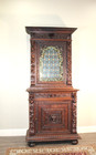 French Black Forest Oak Renaissance Stained Glass Door Bookcase   Cabinet