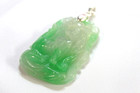 Natural Green Jade Chinese Carved Tiger Feng Shui Lucky Pendant 925 Silver