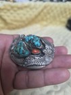 Vintage Native American Sterling Silver Turquoise And Red Coral Belt Buckle 
