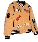 Azalea Wang Womens Bomber Jacket Tan M Faux Shearling Snap Button Varsity Chic