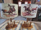 Vintage Western Rare Pair Cowboy Lamps Charlie Russell Shades Euc