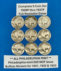 Complete Buffalo Nickels Set Of 9 Full Date Coins 1926p To 1937p   Sharp Coins 