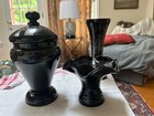 Lot 3 Czech  Art  Deco Glass Black Amethyst Vases Jar Silver Deposit Decoration