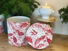 Antique French Red White Toile Holly Berry Birds Acorns Oak Leaves Round Box