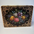 Vintage Decorative Large Tin Box Hinged Lid Black   Multicolored Florals England