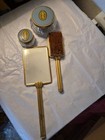 Vintage Vanity Set Handheld Mirror Light Blue Bakelite Celluloid W  Brass Handle
