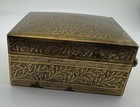 Vtg Etched Brass Trinket Box  Wood Lined  Burgundy Inlay  Hinged Lid exc Cond 