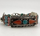 Nepal - Tibetan Handmade Coral  Turquoise Bracelet Tibetan Silver 7 50    