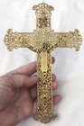 Vintage Filigree Gold Tone Metal Ornate Crucifix Cross Wall Mounted Catholic