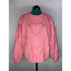 Cozy Pink Heart Textured Chunky Knit Sweater Crew Neck Barbiecore Maximalist - M