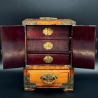Vintage Chinese Jewelry Cabinet W carved Jadeit Inserts   Original Brass Padlock