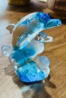 Vintage Art Glass Blue Clear Dolphins On A Wave Figurine Paperweight 6  Taiwan