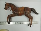Vintage Leather Wrapped Horse Figurine Statue Dark Brown Saddle Reins Rearing