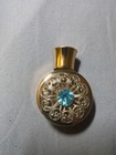 Vtg Czech Style Perfume Bottle  Gold With  Blue Rhinestone And Silver Accents
