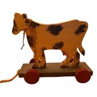 Vintage Handmade Wooden Cow Pull Toy 90s Farmhouse Folk Art Decor Yellow Black