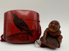 Japanese Antique Inro Red Lacquer Hawk Maki-e Boxwood Netsuke Complete Set Meiji