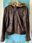 Express Genuine Brown Leather Bomber Jacket  Faux Fur Trim Hood Lined   Zips  L