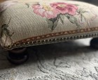 French Pink Rose Needlepoint Low Footstool  14 1 2    Square round 2 1 4   legs  Vtg