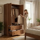 2-door 2-drawer Wooden Wardrobe Gold Handles Wave Pattern Cabinet Us
