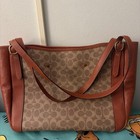 Coach Signature Logo Medium Tote Zip Top Lined Inner Pockets Brown Tan