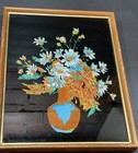 Vintage Foil Metallic Tinsel Folk Art Floral Vase Framed