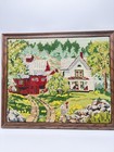Needlepoint Vtg Country Farm Cottage Red Barn Scene Framed 18 x21  Complete Euc