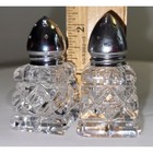 Vintage Mini Cut Glass Salt And Pepper Shakers Diamond Pattern Silver Tops Set