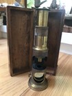 Antique French Drum Brass Microscope With Original Wooden Case