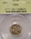 1881 Three Cent Nickel Gorgeous Beautiful Very Scarce Choice Gem  Pcgs Pf 66 Ogh