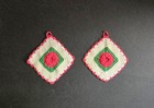 Vintage Crochet Pot Holders Hot Pads Pink Green Roses Granny Core Trivet Set 2