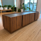 75  Modern Tv Stand Walnut Finish Media Console Marble Look Top Rounded Doors