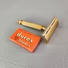 Vintage Gillette Safety Razor De Ball End Etched Logo Gold Tone W  New Blades