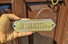  no Soliciting  Sign Vintage Solid Cast Brass Door Plaque  Antique   Polished