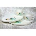 Milk Glass Snack Plate Cup Set 4pc Flower Design Mid Century Modern Multi White