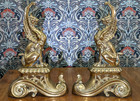 Antique 19th Century Pair Of Mythological Griffin Brass Andiron Firedogs Chenets