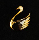 Gold Tone Swan Brooch Pin Black Enamel   Sparkling Rhinestones Approx 2  Vtg 