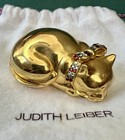 Adorable Judith Leiber Sleeping Cat Trinket Pill Box Gold Tone Jeweled Collar
