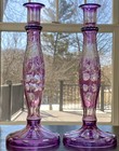 Antique Moser Bohemian Amethyst Cut To Clear Intaglio Glass Candlesticks Pair