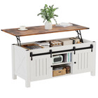 47 Inch Lift Adjustable Shelf Coffee Table With Sliding Barn Door With Hidden St