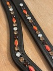 Leather Browband - Sewn-in Glass Rhinestones - White Brown   Orange - 13-18   