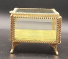 Vintage Gold Ornate Ormolu Beveled Glass Jewelry Casket Box With Lime Green Velv