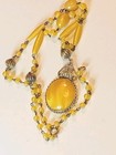 Antique Art Deco Czech Uranium Glass Egg Yolk Filigree Necklace Glowy Jewelry